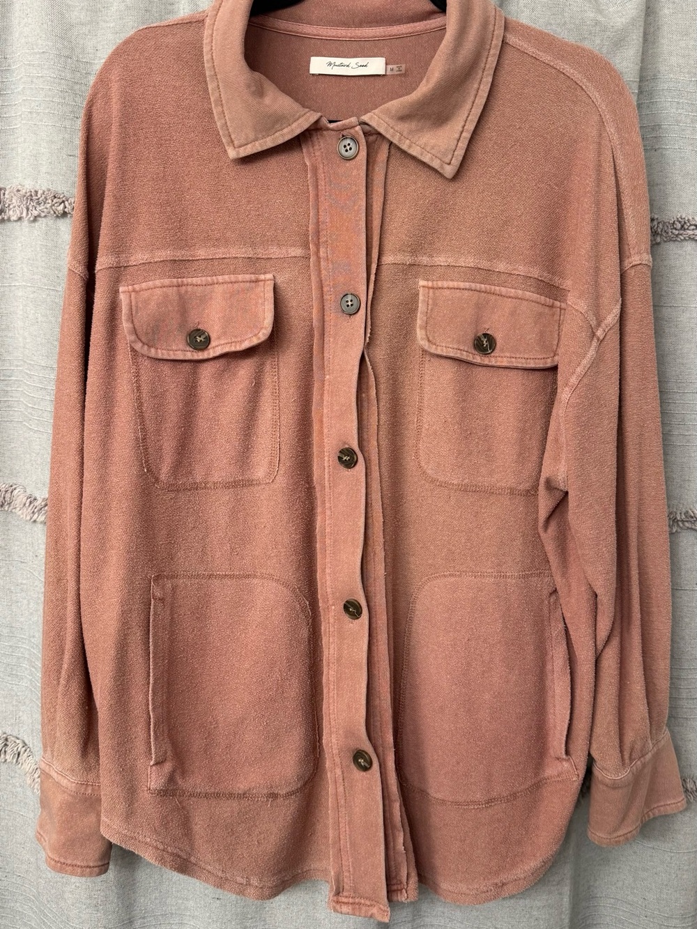 Mustard Seed Distressed Woman's Dusty Rose Button Up Long Sleeve Shirt-SIZE M